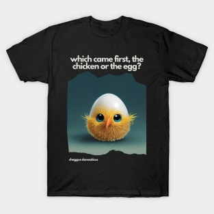 Which came first, the chicken or the egg? Funny Print. Dark background T-Shirt